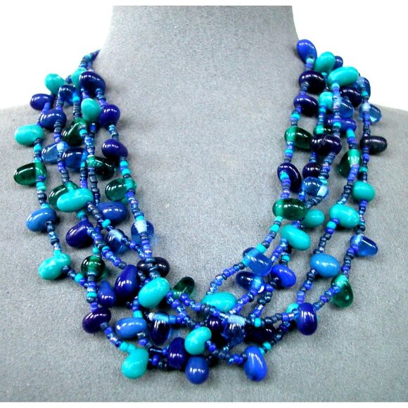 Five-Strand Blue & Turquoise Glass Bead Necklace Stretch Bracelet & Earrings - Picture 1 of 9